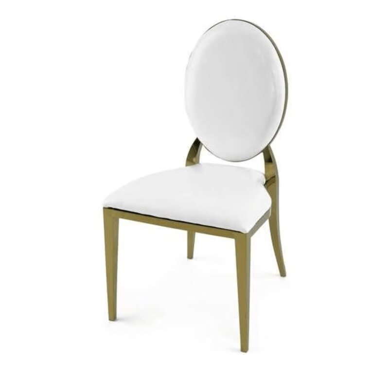 Gold and white oval-back dining chair with polished gold frame, shown at an angle