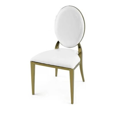 Gold and white oval-back dining chair with polished gold frame, shown at an angle