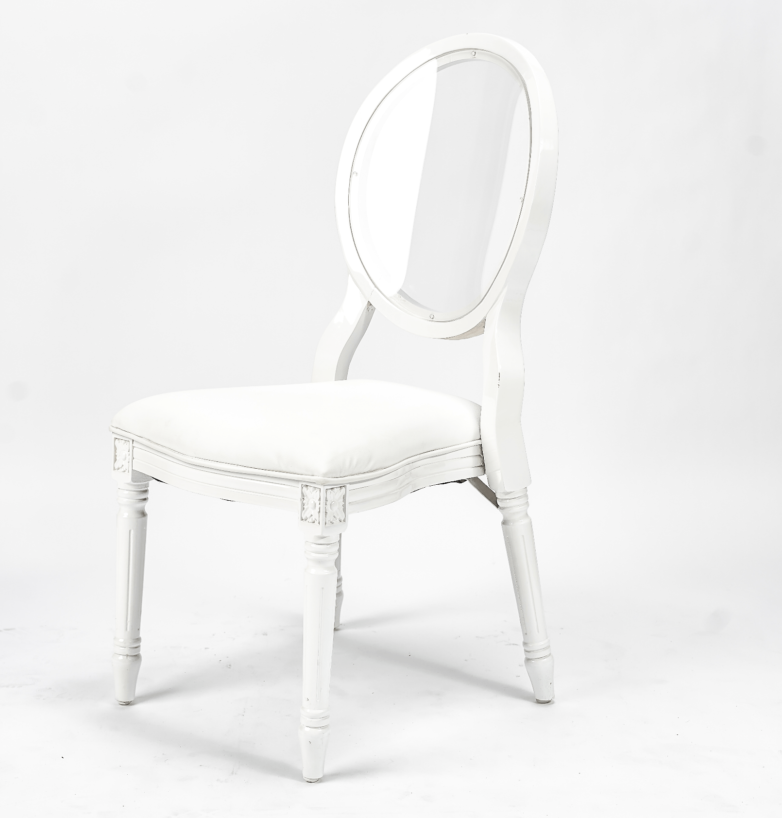 King Louis XVI Dining Chair, White Chair with Clear Back, Solid Wood Frame  - Royal Luxury Events