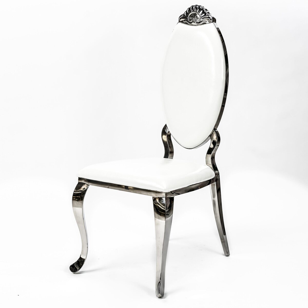 Silver Royal Sweetheart chair with white oval backrest and cushion, shown at a three-quarter angle with curved polished legs