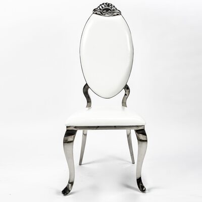 Front view of silver chair with white oval backrest, white seat cushion, shell-shaped crest and curved polished silver legs