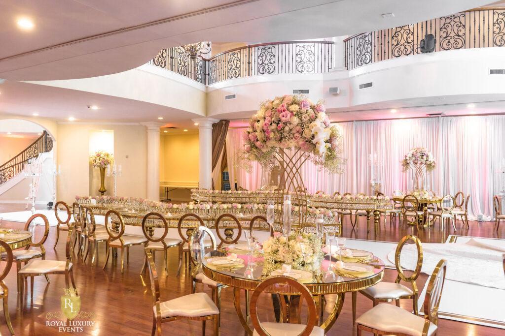 Wedding Reception Decor - Fancy Chair Rentals - Gold Serpentine Tables - Luxury