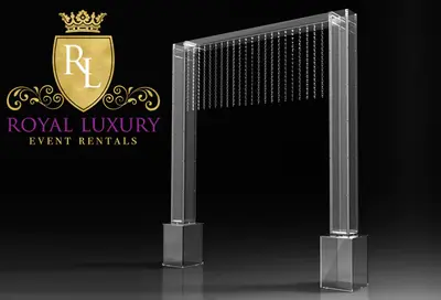 Clear acrylic arch with two tall columns and a top beam hung with rows of crystal strands, studio rendering