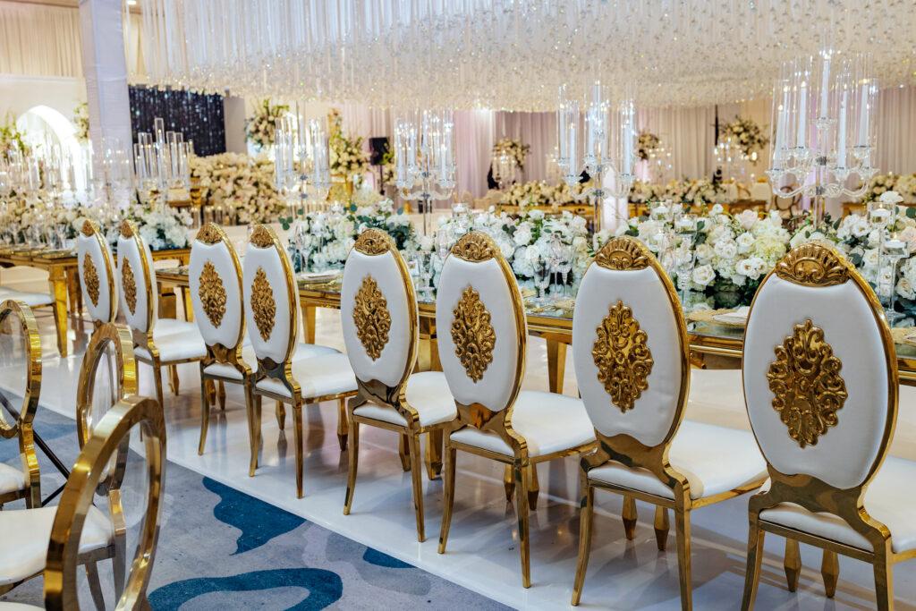 fancy rental chairs, royal luxury events, wedding decor, flowers, gold chairs