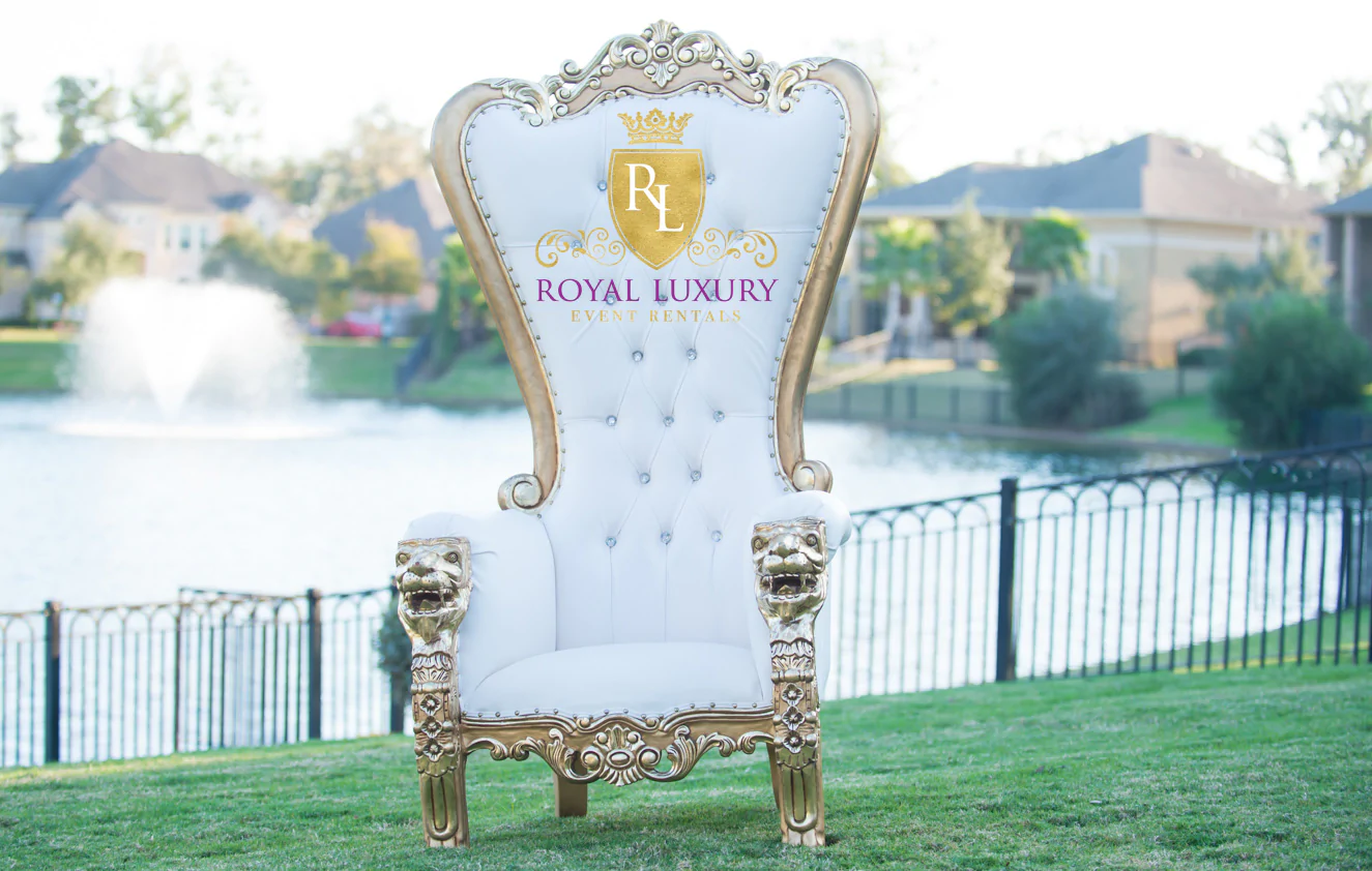 King and Queen White Leather, Gold Trim Throne Chair - Ribald Events