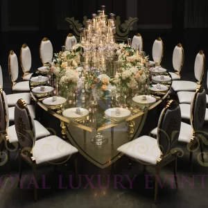 View this stunning gold teardrop dining table rental from Royal Luxury Events in Houston, Texas, perfect for any event or wedding.