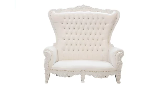 View this stunning White Throne Loveseat with White Leather rental from Royal Luxury Events in Houston, Texas, perfect for any event or wedding. 