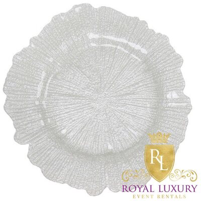 Pearl white glass charger with a ruffled, wavy edge and fine radiating texture, shown from above
