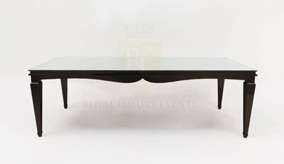 Rectangular dining table with black glossy frame, tapered legs and mirror glass top