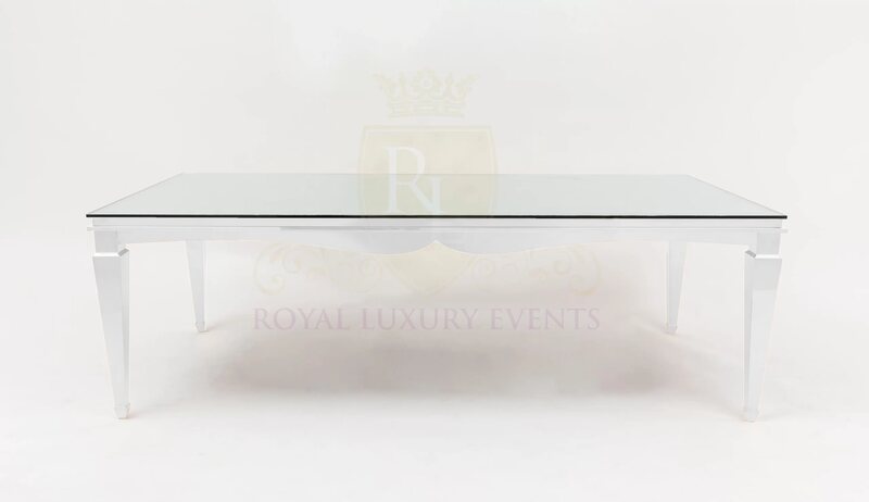 Rectangular dining table with white glossy frame, tapered legs and mirror glass top