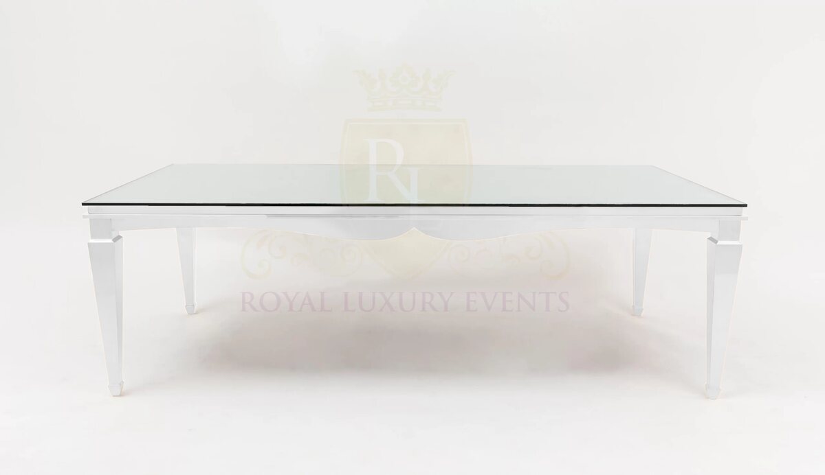 Rectangular dining table with white glossy frame, tapered legs and mirror glass top