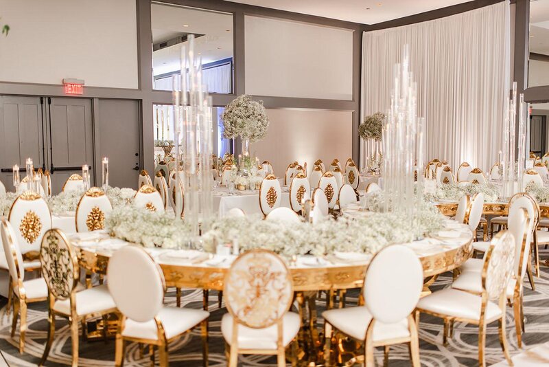 Wisteria, Baby's Breath, reception decor, omni houston, wedding decor, florist in houston, gold round table