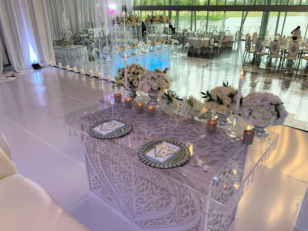 glam wedding at the event centre - ghost tables - crystal - wedding decor - ghost chairs