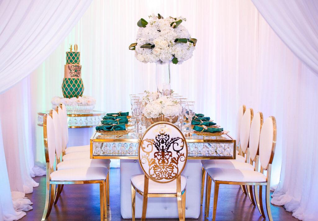 emerald birthday decor, crystal tables, chair rentals