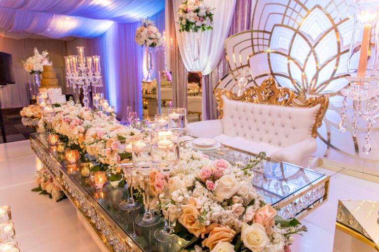 gold wedding decor - sweetheart table, floral runner