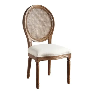 Wooden Louis chair with oval woven mesh back, cream upholstered seat and carved fluted legs