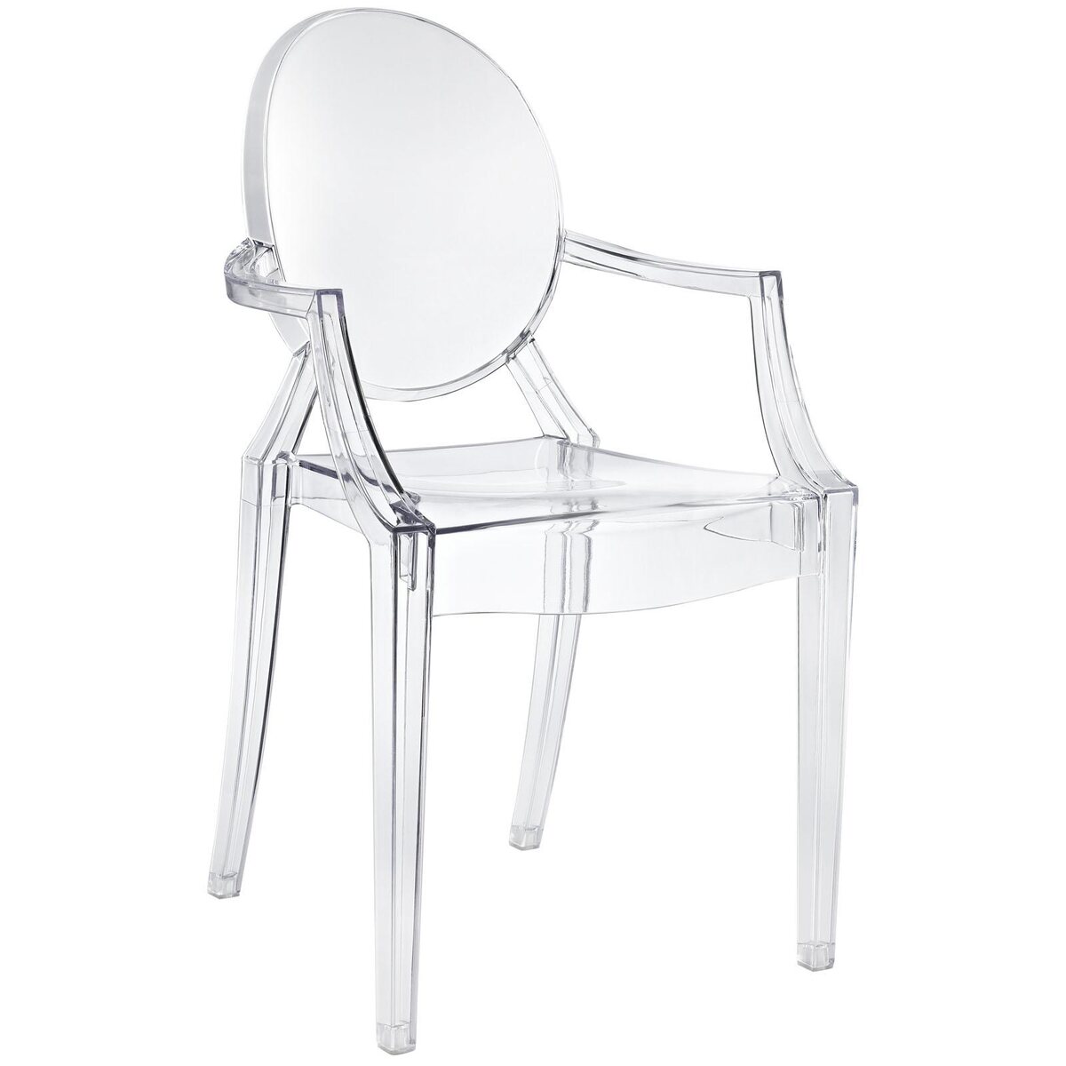 Clear ghost armchair with an oval backrest and open arms
