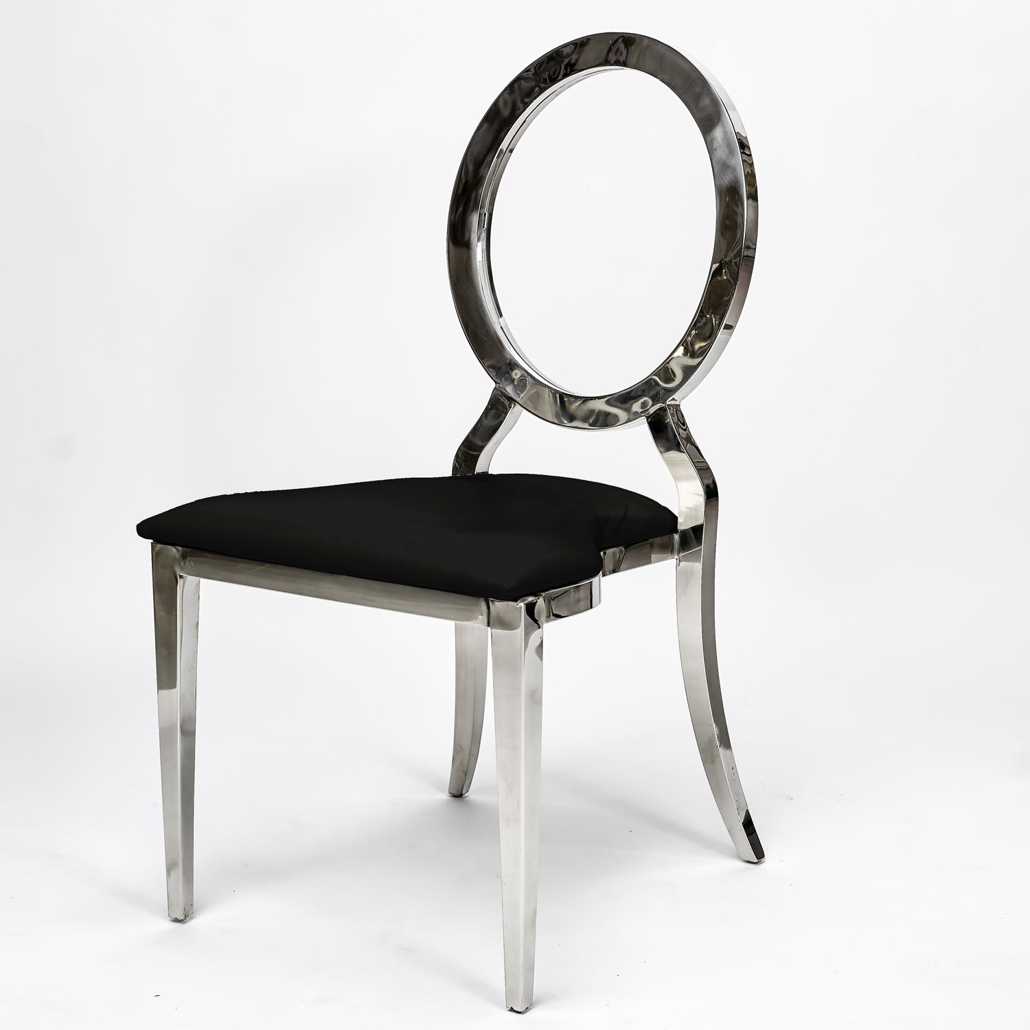 Louis Clear Back Silver Dining Chair, Polished Steel Frame, Black