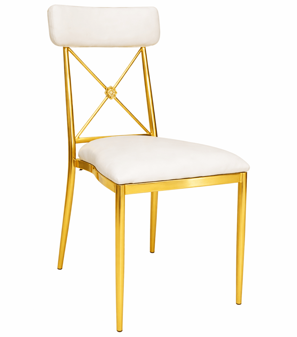 Franklin Gold and White Dining Chair with Back Cushion, Cross-Back Metal Farm Chair