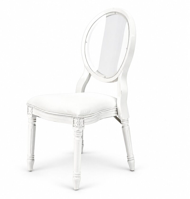 White Louis XVI dining chair with oval clear acrylic back, shown at a three-quarter angle