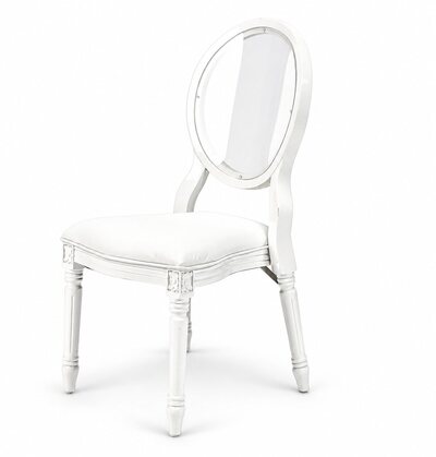 White Louis XVI dining chair with oval clear acrylic back, shown at a three-quarter angle