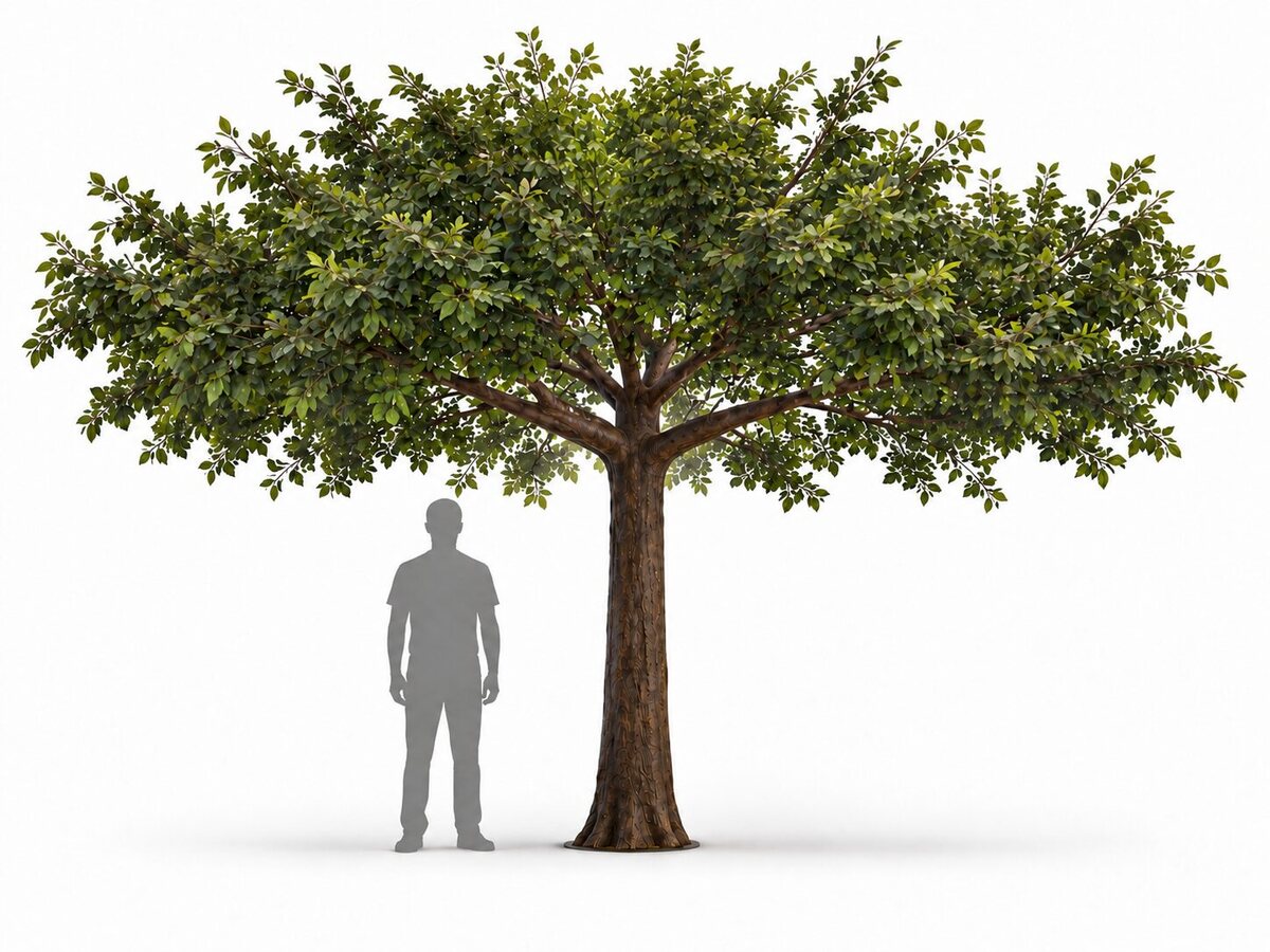 Large green tree with a wide, full canopy and textured brown trunk, shown beside a grey human silhouette for scale