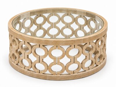 Off-White Rustic Farm Coffee Table, Lattice Wood, Clear Glass Top
