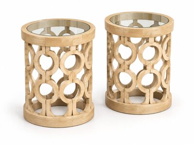 Off-White Rustic Farm Coffee Table, Lattice Wood, Clear Glass Top