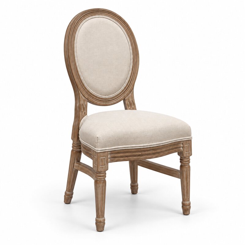 Rustic wooden Louis chair with oval cream fabric back and padded seat