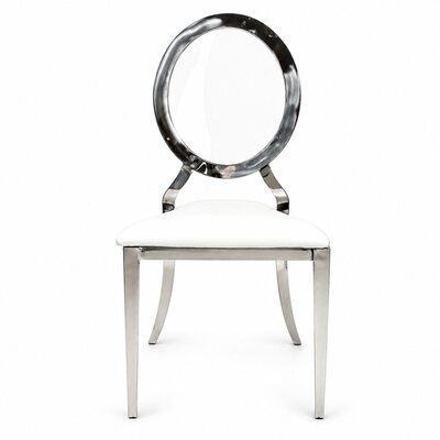Silver dining chair with round clear acrylic back, polished steel frame and white cushion, front view