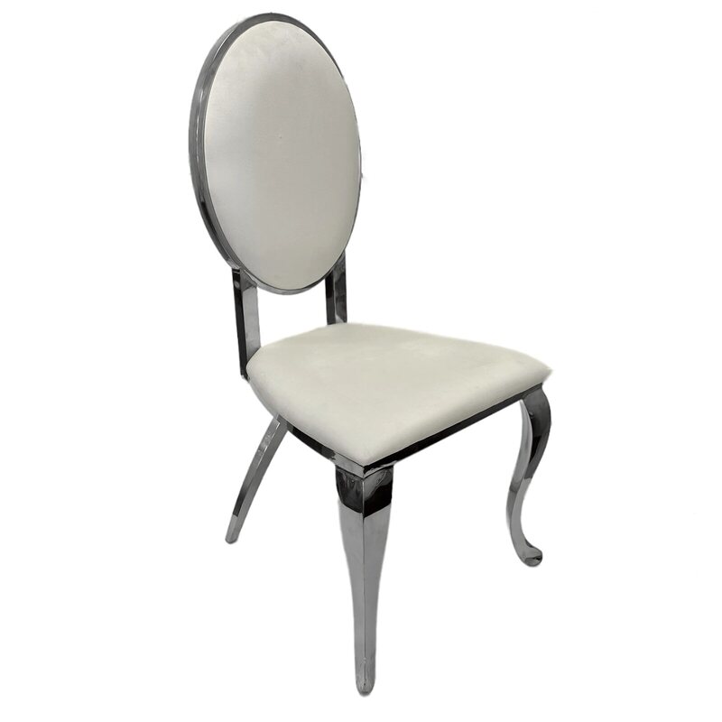 Silver chair with oval white velvet back, white velvet seat and curved polished steel legs