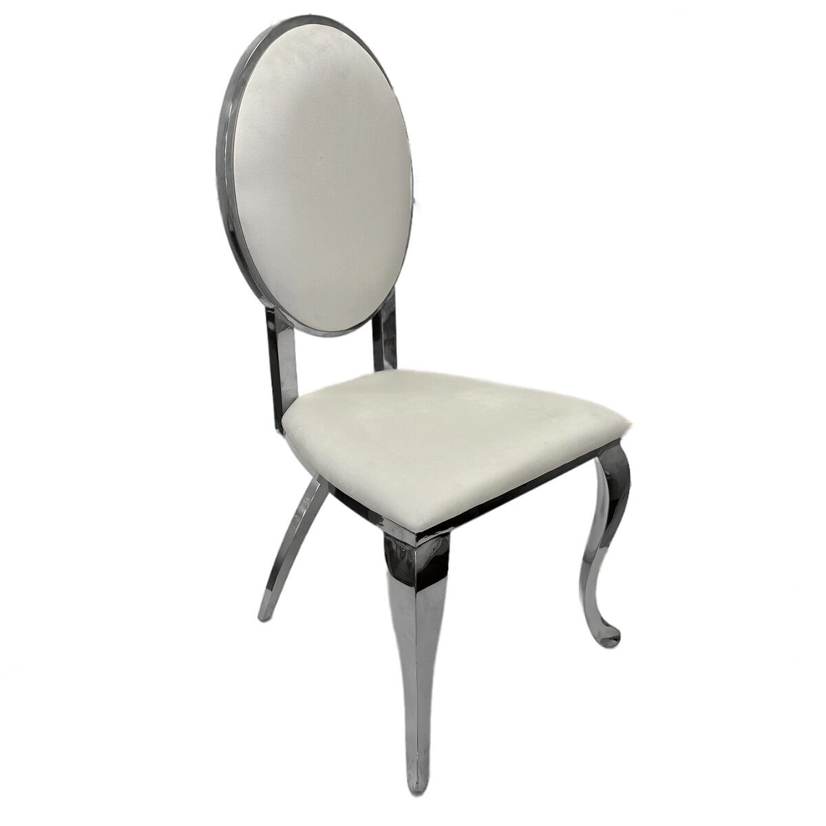 Silver chair with oval white velvet back, white velvet seat and curved polished steel legs