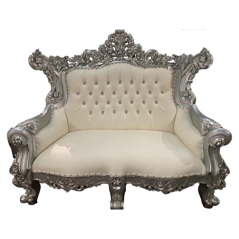 Matte silver carved loveseat with ivory leather seat and tufted backrest, shown front-on