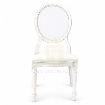 King Louis XVI Dining Chair, White Chair with Clear Back, Solid Wood Frame and carved rosette corners