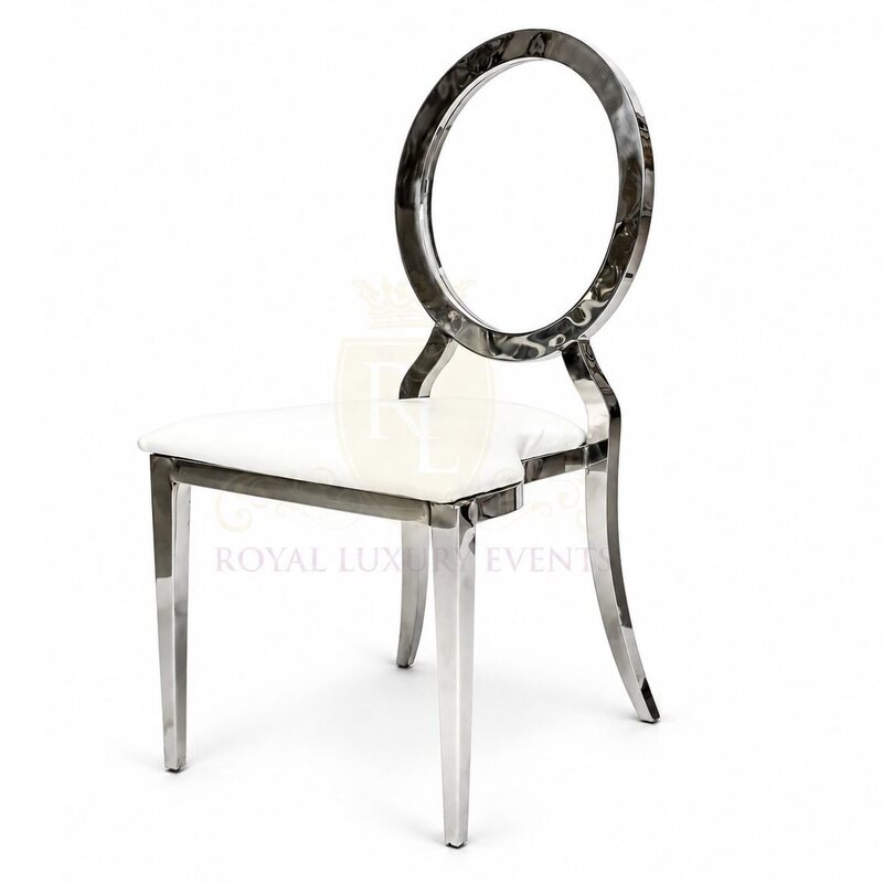 Polished silver steel dining chair with a round open back and white seat cushion, shown at a three-quarter angle