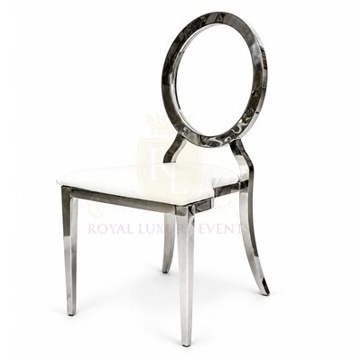 Polished silver steel dining chair with a round open back and white seat cushion, shown at a three-quarter angle