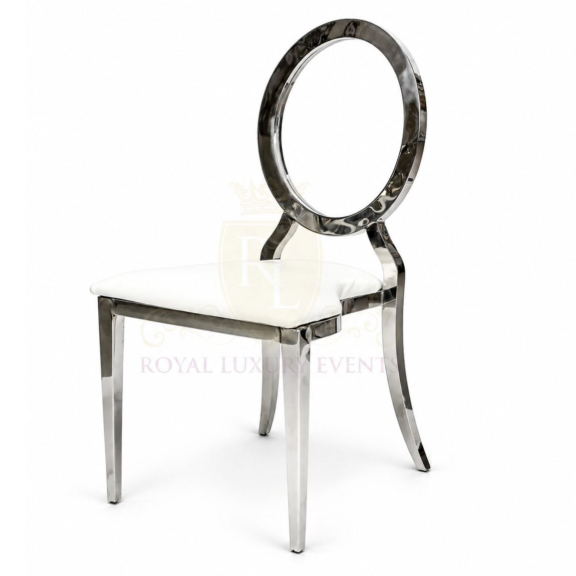 Polished silver steel dining chair with a round open back and white seat cushion, shown at a three-quarter angle
