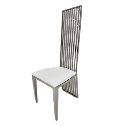 Silver metal high-back chair with vertical rib bars and a white cushioned seat