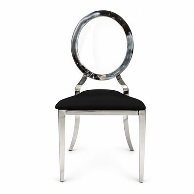 Front view of silver dining chair with round clear acrylic back and black seat cushion