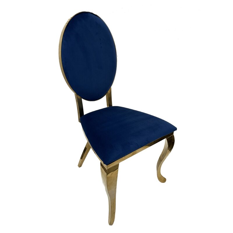 Gold oval-back chair with navy blue velvet seat and back, shown at an angle