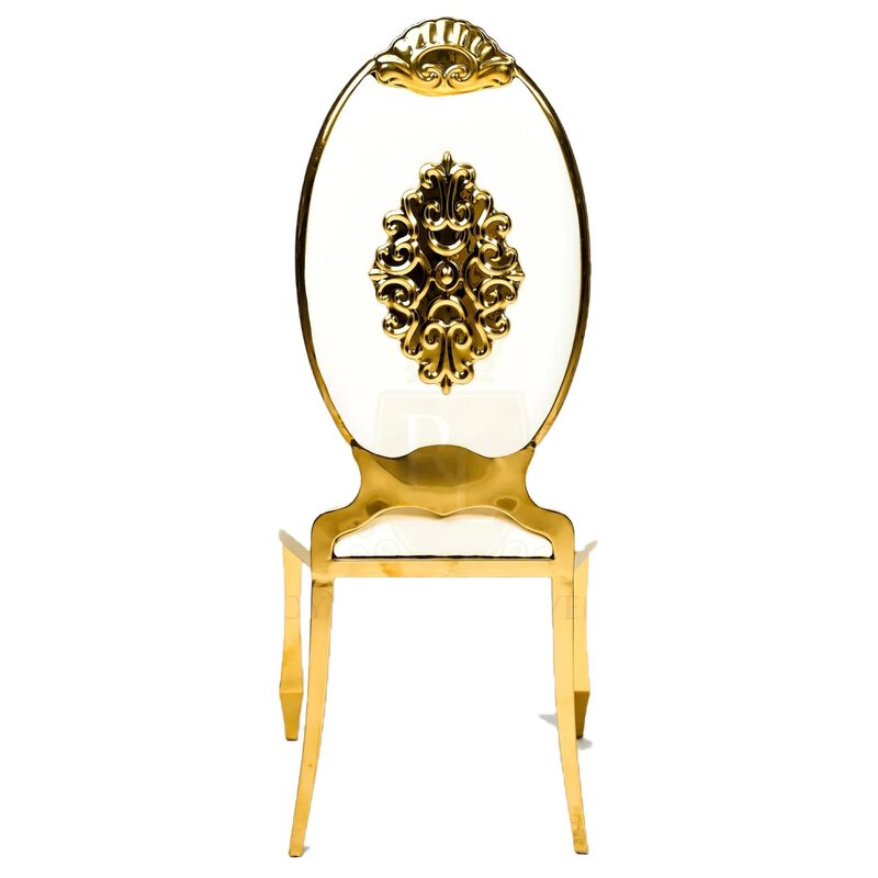 Gold oval-back chair with white cushions, seen from behind with an ornate gold scrollwork medallion on the backrest