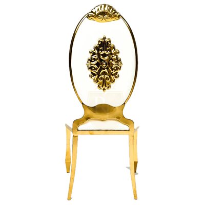 Gold oval-back chair with white cushions, seen from behind with an ornate gold scrollwork medallion on the backrest