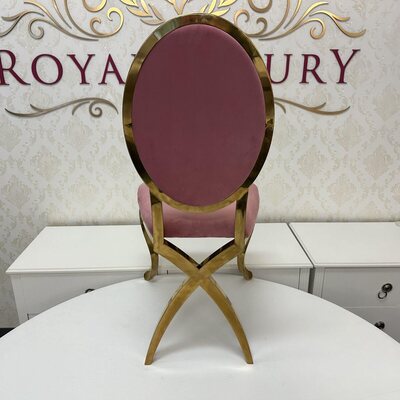 Rear view of the pink velvet chair, showing the polished gold oval frame and crossed gold legs behind the backrest