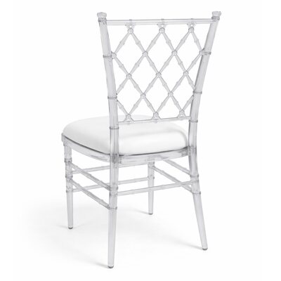 Clear acrylic lattice-back chair with white cushion, shown from behind