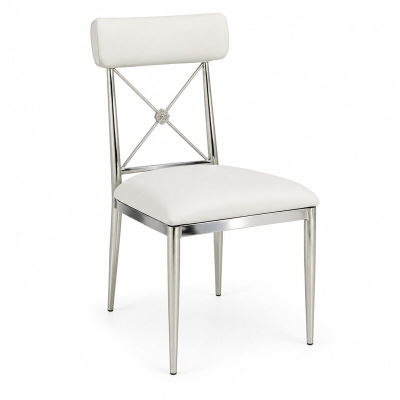 Franklin Silver and White Dining Chair with Back Cushion, Cross-Back Metal Farm Chair