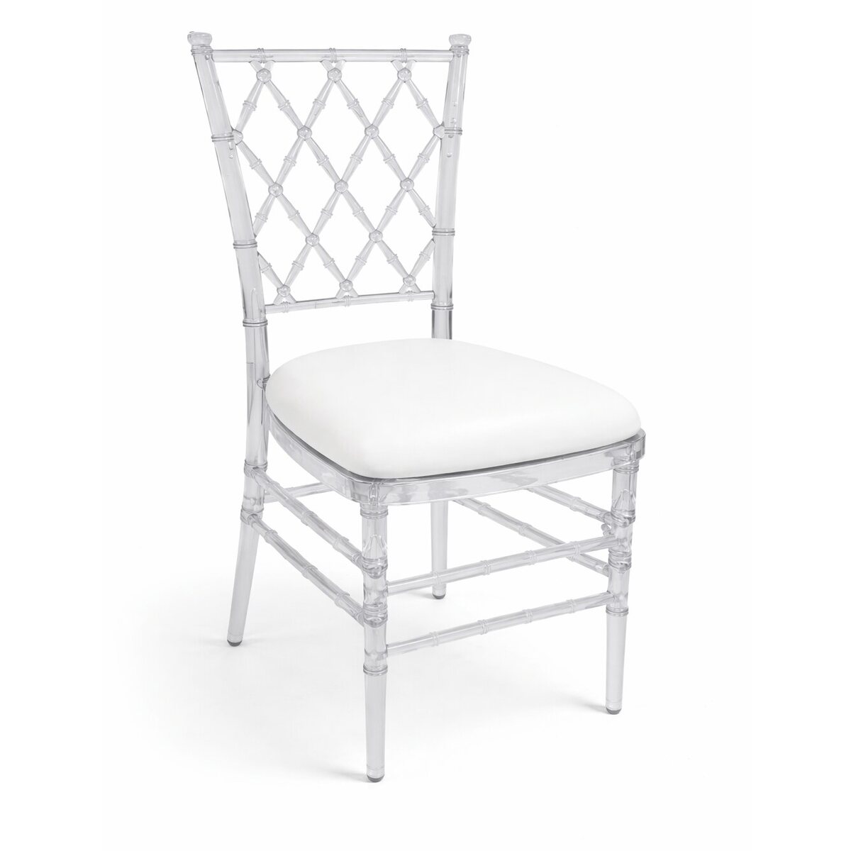 Clear ghost chair with diamond lattice back and white leather cushion, shown at a three-quarter angle