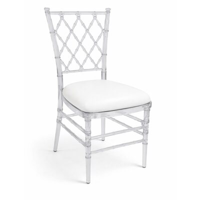 Clear ghost chair with diamond lattice back and white leather cushion, shown at a three-quarter angle