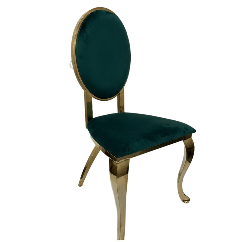 Gold chair with oval emerald green velvet back and seat, curved legs, shown at an angle