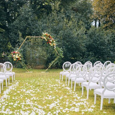 White clear-back Louis chairs lining a petal-strewn lawn aisle toward a gold hexagonal floral arch at a garden ceremony