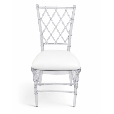 Clear diamond lattice ghost chair with white cushion, shown from the front
